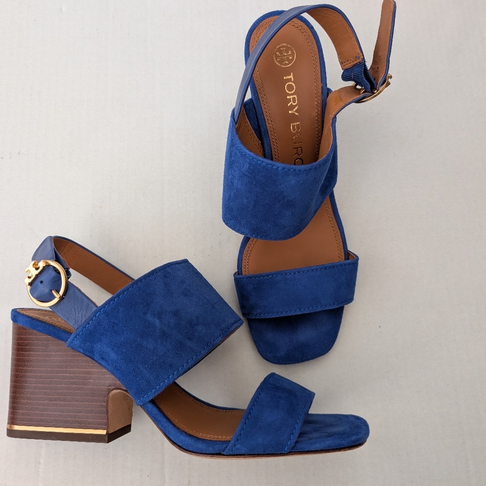 Tory Burch Women's Leather Selby Block-Heel Sandals Blue Size 8.5